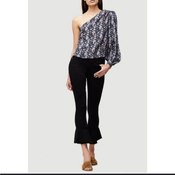 S, Frame Denim Floral Print One Shoulder Top with puff sleeve coastal blue multi - Picture 1 of 14